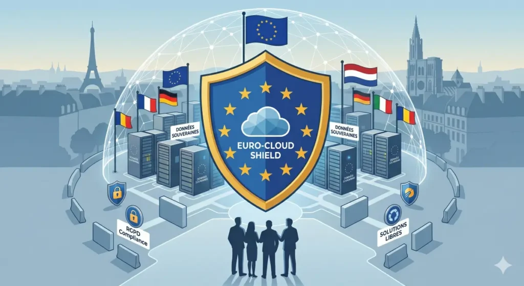 Illustration d'un bouclier aux couleurs de l'Europe protégeant des serveurs informatiques et des données souveraines.